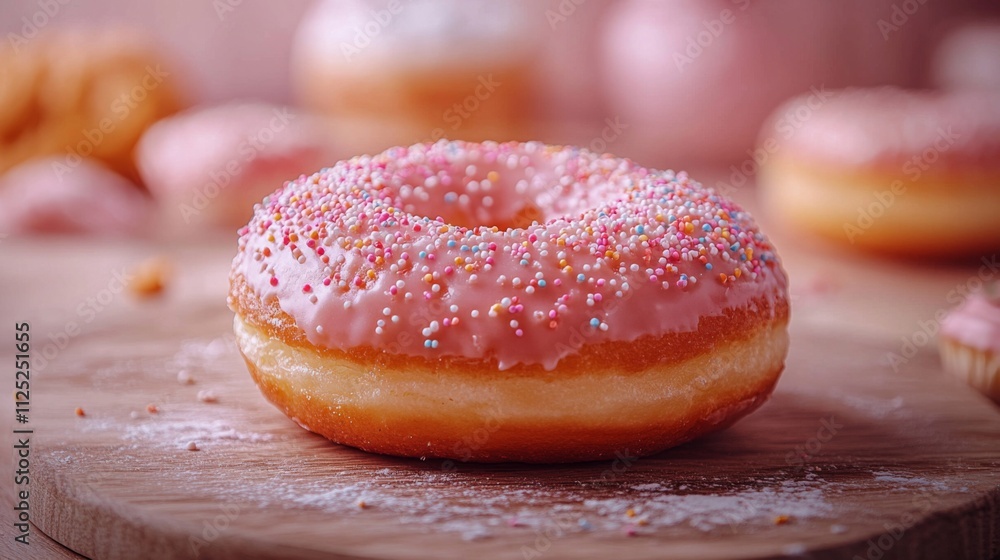 A pink frosted donut covered in colorful sprinkles rests on a wooden board in a warm bakery atmosphere. Soft lighting enhances the inviting scene, showcasing additional pastries in the background. A pink frosted donut covered in colorful sprinkles rests on a wooden board in a warm bakery atmosphere. Soft lighting enhances the inviting scene, showcasing additional pastries in the background.
