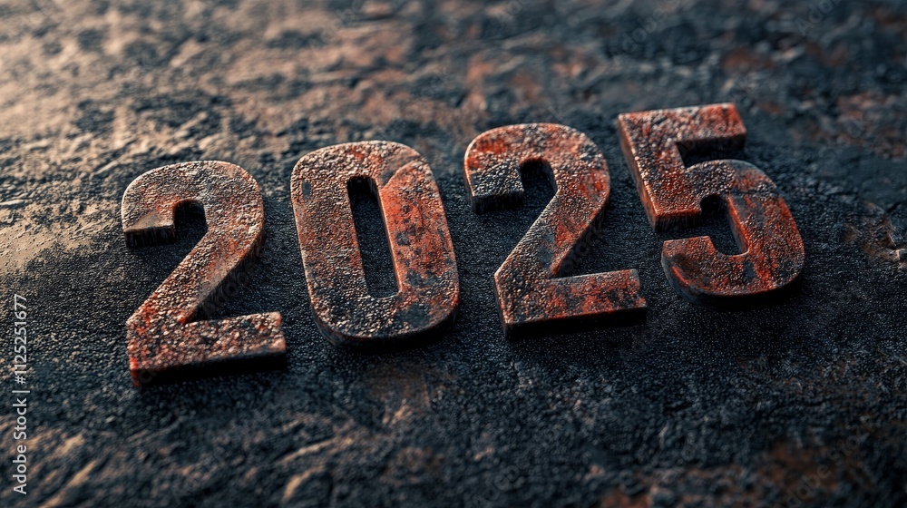 Rusty 2025 New Year Concept - Rusty numerals 2025 on dark textured background, symbolizing time, age, history, future, and transition. Rusty 2025 New Year Concept - Rusty numerals 2025 on dark textured background, symbolizing time, age, history, future, and transition.