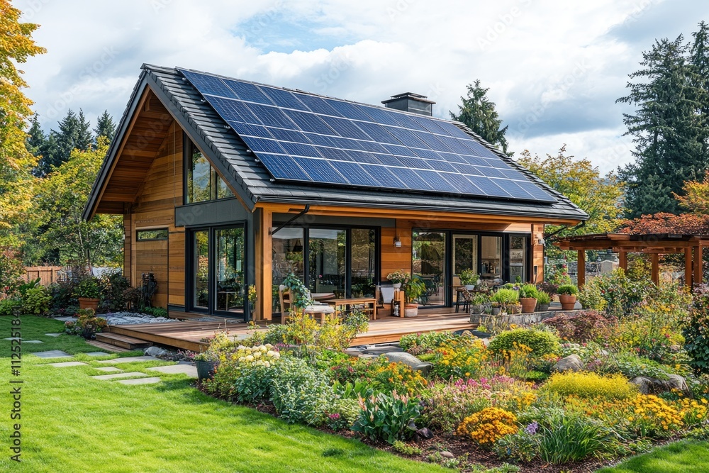 Modern wooden house with solar panels and beautiful garden Modern wooden house with solar panels and beautiful garden