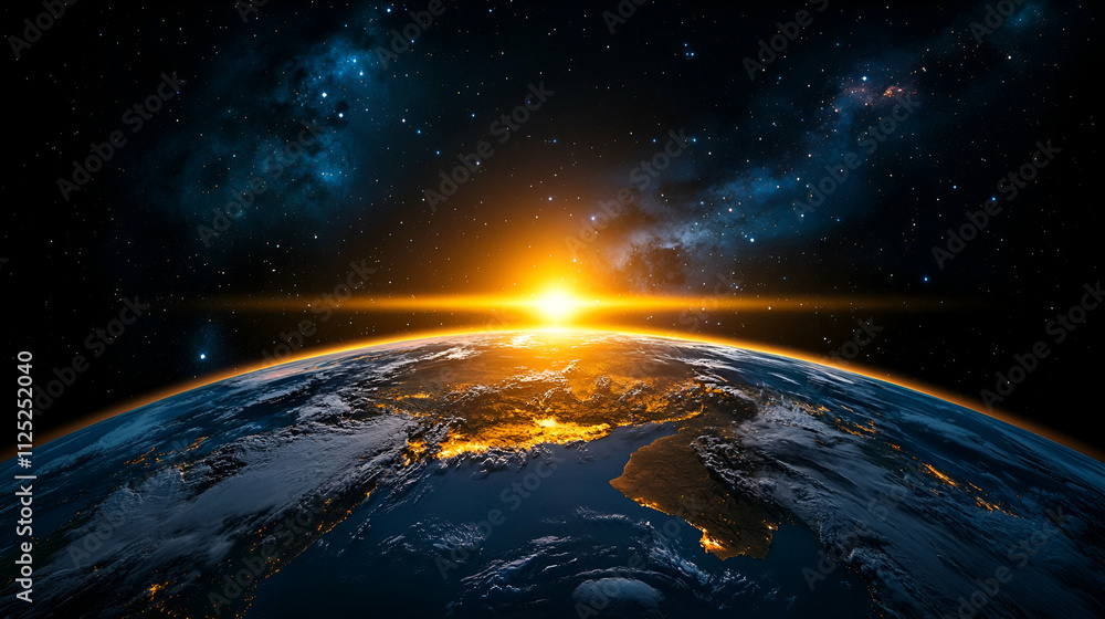 Fototapeta premium A breathtaking view of Earth from space, showcasing a stunning sunrise with vibrant colors against a starry backdrop.