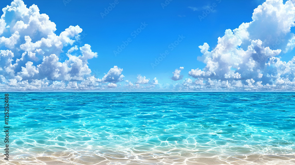 Fototapeta premium Vibrant ocean scene with clear turquoise waters, gentle waves, and a bright blue sky dotted with fluffy white clouds. A perfect tropical paradise.