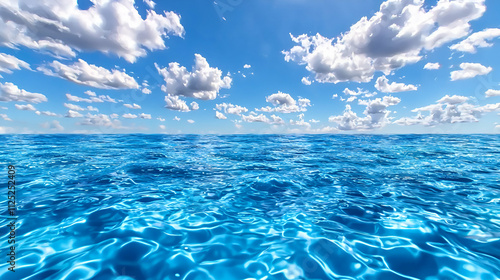 Vibrant blue ocean under a bright sky with fluffy clouds  reflecting shimmering sunlight on calm water.