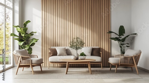 Modern living room with wood wall  sofa  armchairs  plants  and coffee table.