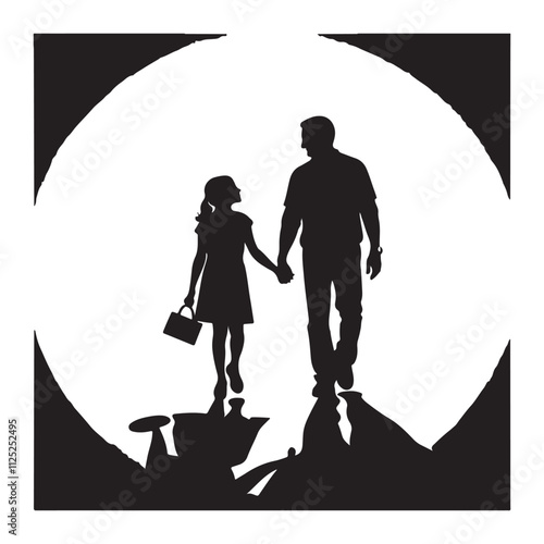 Father and kid. Happy dad with sons, daughters and baby. Man spend time with children, hug, walk and play Family Silhouette MyDaddy 