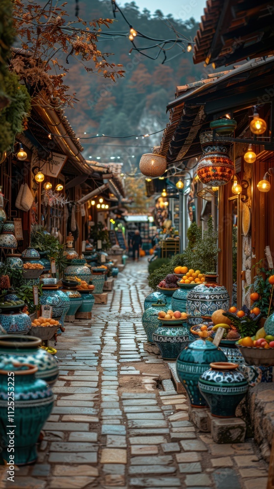 Fototapeta premium Georgian Market Cobblestone Street Pottery Fruit Autumn