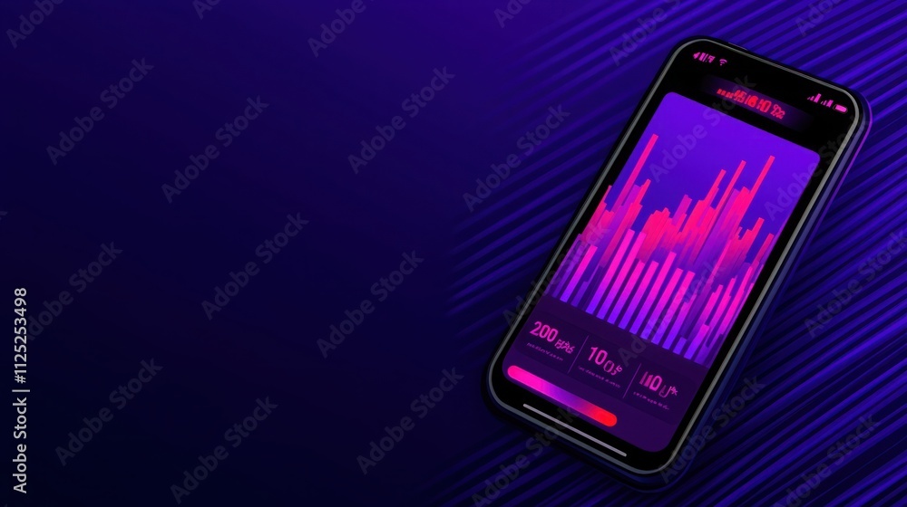 Modern Smartphone Displaying Colorful Data Visualization with Dynamic Graphs and Charts on a Vibrant Purple Background for Tech and Marketing Illustration Modern Smartphone Displaying Colorful Data Visualization with Dynamic Graphs and Charts on a Vibrant Purple Background for Tech and Marketing Illustration
