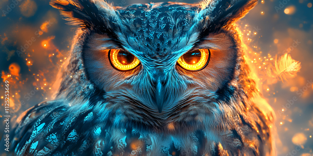 Vivid Close-Up of Owl with Fiery Eyes and Feathers Vivid Close-Up of Owl with Fiery Eyes and Feathers