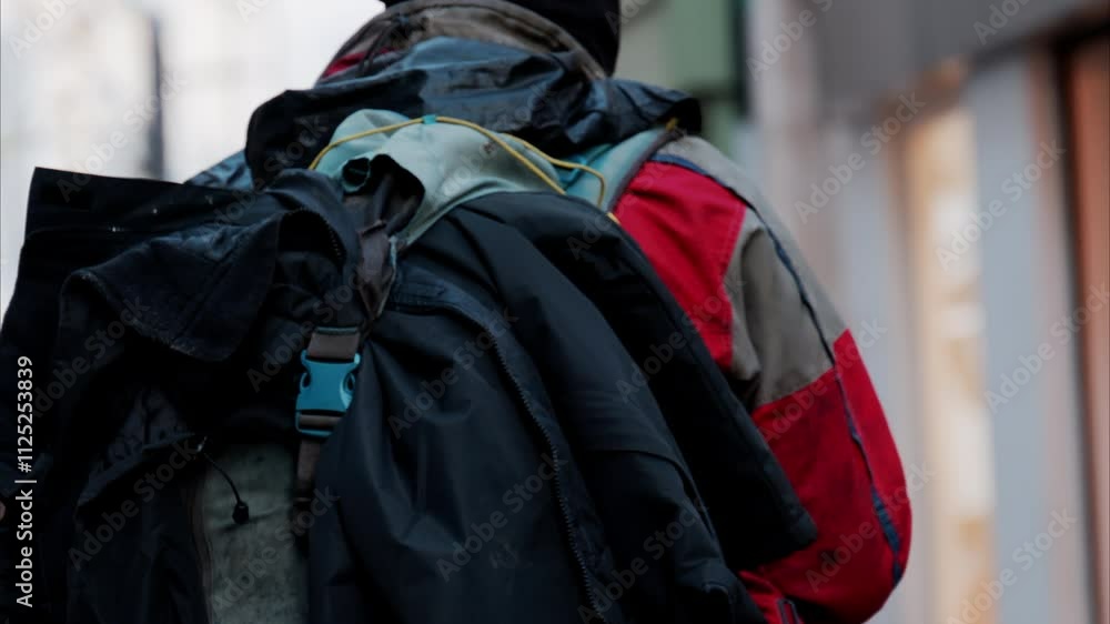 Close up of a man with multiple dirty clothes on his backpack moving through the city Close up of a man with multiple dirty clothes on his backpack moving through the city