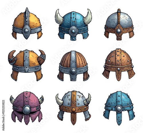 Viking Helmets Cartoon Icons Set Illustrations On White Unique Artwork Creative Norse Mythology Illustrations Historical Helmets Icons Collection Artistic Visuals Modern Graphics