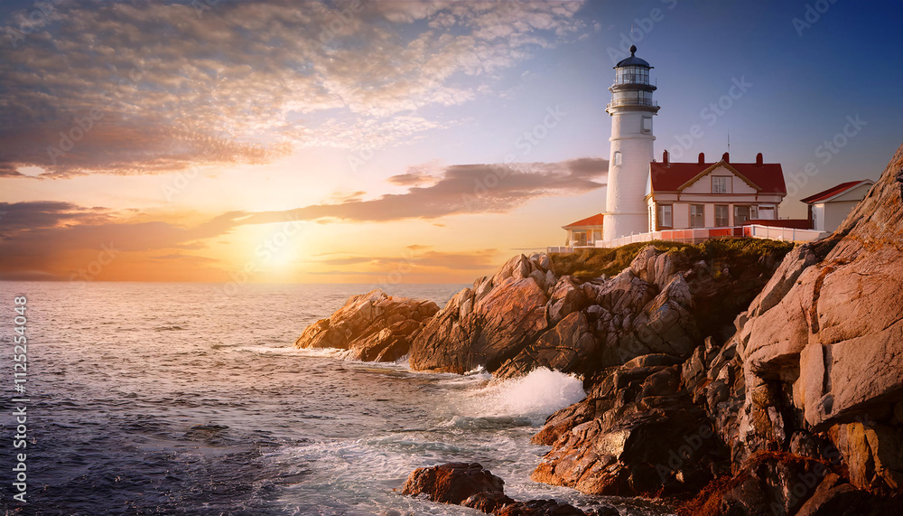 A lighthouse stands majestically on rocky cliffs by the ocean at sunset A lighthouse stands majestically on rocky cliffs by the ocean at sunset