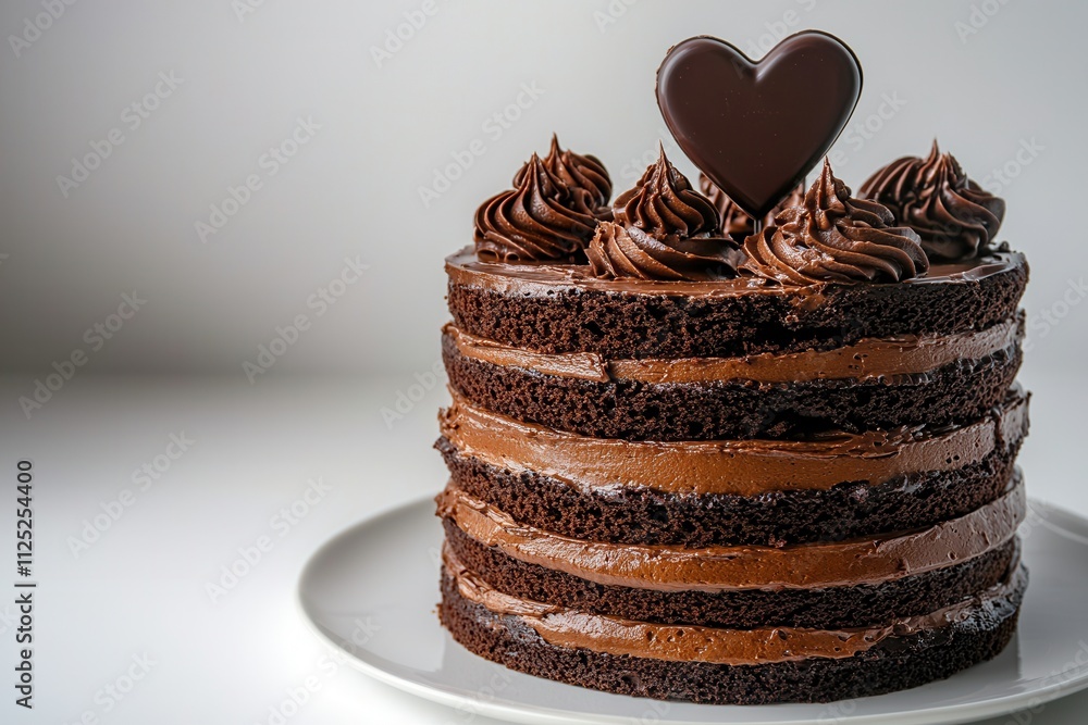 A delicious, layered chocolate cake topped with swirls of chocolate frosting and a heart-shaped chocolate decoration. A delicious, layered chocolate cake topped with swirls of chocolate frosting and a heart-shaped chocolate decoration.