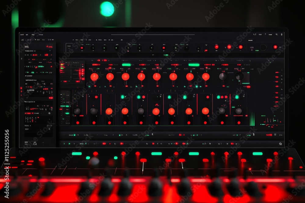 Dark control panel with red and green lights. Dark control panel with red and green lights.