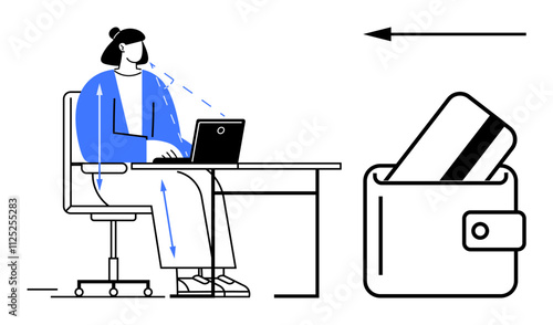 Person working on laptop at desk while an arrow points towards a wallet with credit card sticking out. Ideal for finance, online shopping, e-commerce, remote work, technology, financial transactions