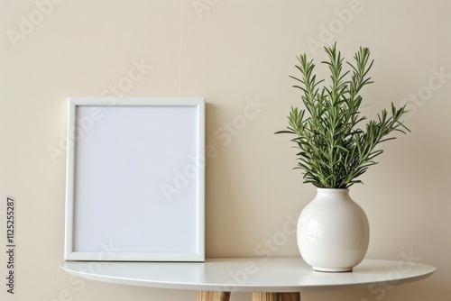 Minimalistic Decor: Blank Picture Frame with Fresh Rosemary Sprigs in White Vase