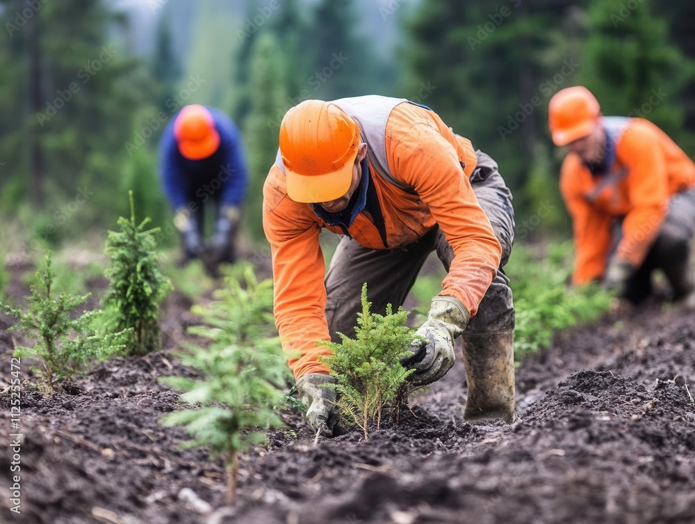 Forestry workers planting young trees in neat rows, a blend of environmental effort and structured growth Forestry workers planting young trees in neat rows, a blend of environmental effort and structured growth
