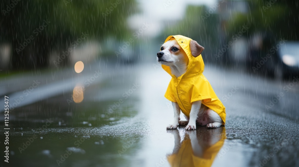 Fototapeta premium A small dog wearing a bright yellow raincoat sits calmly on a wet street during light rain, creating a cheerful contrast against the gloomy weather. Generative AI