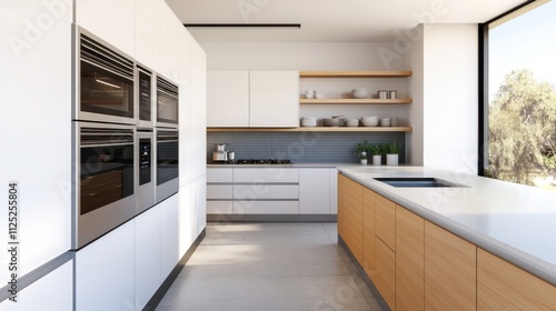 Modern Minimalist Kitchen with Sleek Design and Efficient Layout Featuring White Cabinets and Natural Wood Accents in a Bright Open Space