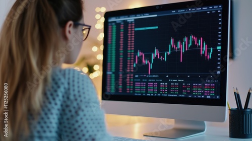 Young Woman Analyzing Stock Market Data on Large Computer Screen with Colorful Graphs and Financial Charts in Cozy Workspace with Soft Lighting