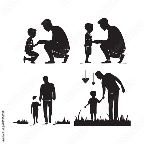 Silhouette of a father holding the hand of his son set Father with Children Silhouette continuous single drawn one-line dad gives five to
 