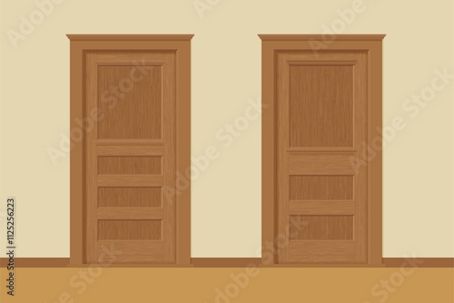 Textured wooden interior doors with door frames in flat style. Realistic proportions  1 100 scale.