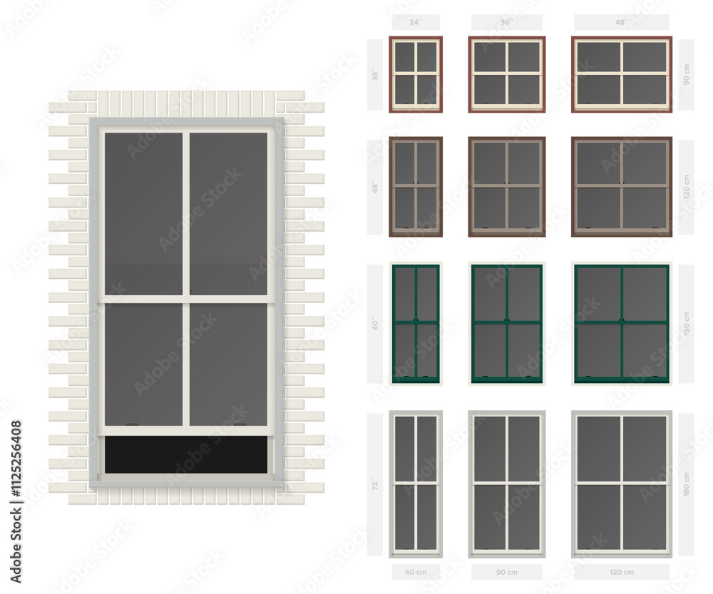 Single hung centre bar typical window set in different sizes and colors Single hung centre bar typical window set in different sizes and colors