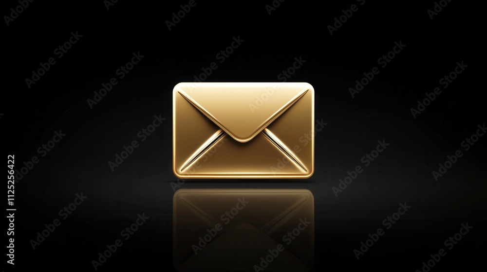 Golden Envelope Icon Symbolizing Message Delivery with Reflection on Black Background Golden Envelope Icon Symbolizing Message Delivery with Reflection on Black Background