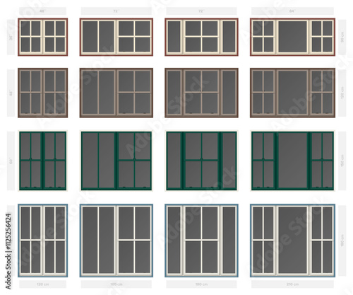 Single hung centre bar composite window set in different sizes and colors