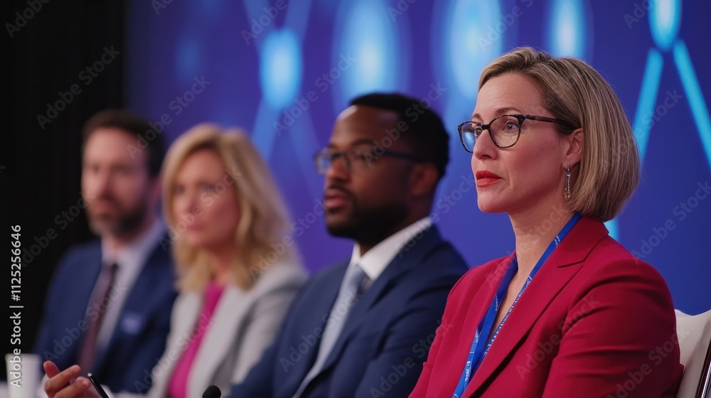 Obraz premium Professional panel discussion featuring diverse speakers sharing insights on innovative technologies and industry trends during a corporate event or conference.