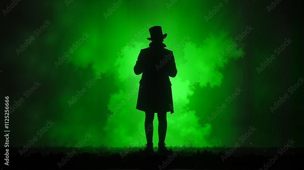 Silhouette of a leprechaun surrounded by green smoke on a dark background Silhouette of a leprechaun surrounded by green smoke on a dark background