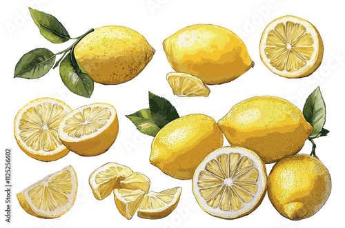 Whole Lemon Pieces And Slices Set Modern Technique Illustration On White Unique Artwork Creative Design Lemon Decorative Elements Artistic Visuals Modern Graphics