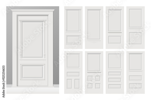 White painted interior wooden doors set in flat style. Realistic proportions  1 100 scale.