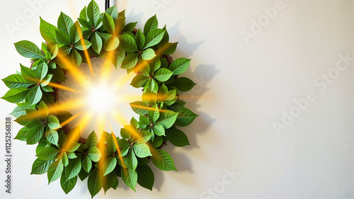 Bright green shamrock wreath with glowing center on a white wall photo