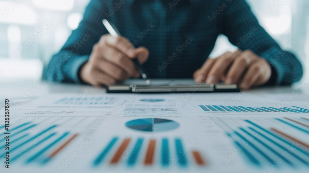 Professional Business Analyst Reviewing Financial Reports with Graphs and Charts in Office Setting, Focusing on Data Interpretation and Strategic Planning Professional Business Analyst Reviewing Financial Reports with Graphs and Charts in Office Setting, Focusing on Data Interpretation and Strategic Planning