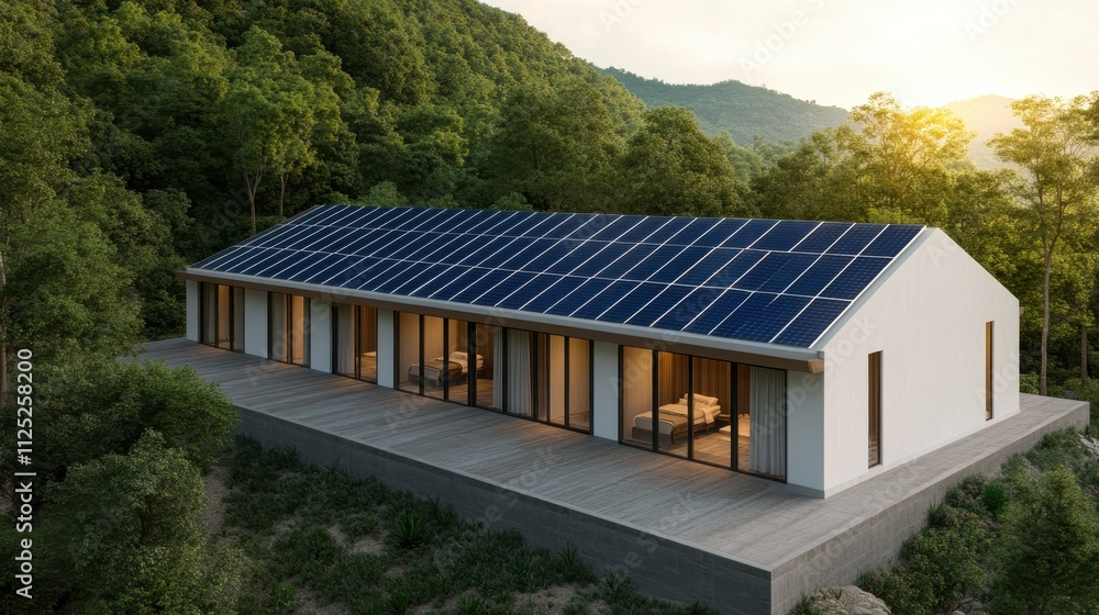 Modern Sustainable House Surrounded by Nature with Solar Panels on Roof, Eco-Friendly Design and Scenic Mountains in the Background at Sunset Modern Sustainable House Surrounded by Nature with Solar Panels on Roof, Eco-Friendly Design and Scenic Mountains in the Background at Sunset