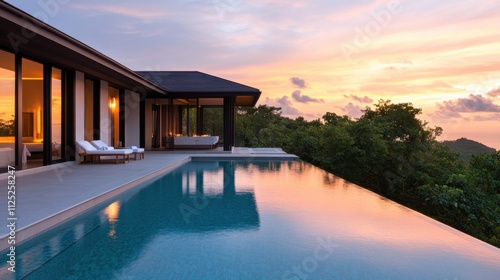 Luxurious modern villa with infinity pool overlooking sunset landscape, surrounded by tropical greenery in serene tranquil environment for relaxation and escape