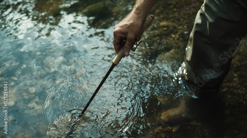 A hand tightly clutching a fishing rod while standing knee-deep in a shallow river photo