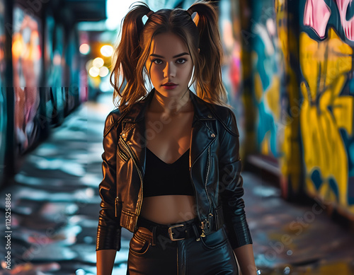 Casual Cool Woman in Plaid Against Night City Backdrop