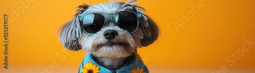 Dog in daisythemed outfit and sunglasses, orange background photo