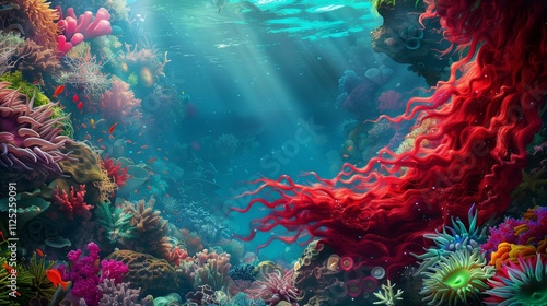 : A stunning underwater world with a colorful coral reef, sea anemones, and long red curly hair flowing gently with the ocean's movements. photo