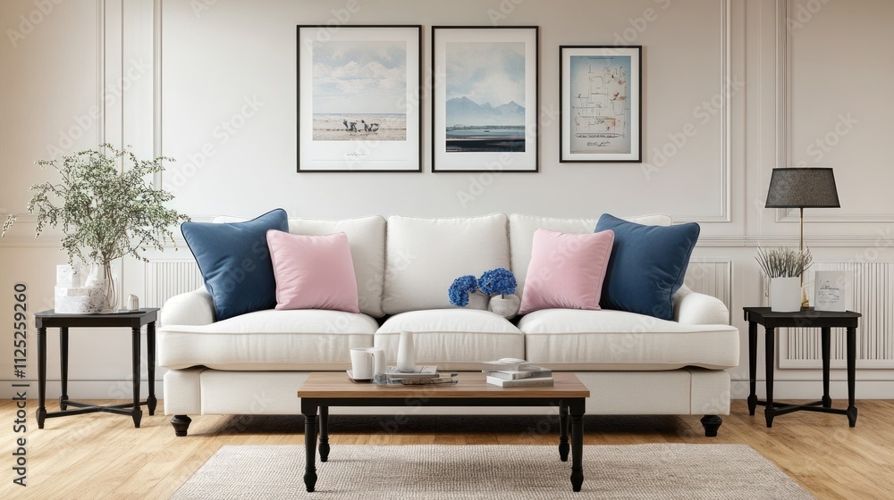 Elegant living room with white sofa, throw pillows, side tables, and artwork. Elegant living room with white sofa, throw pillows, side tables, and artwork.