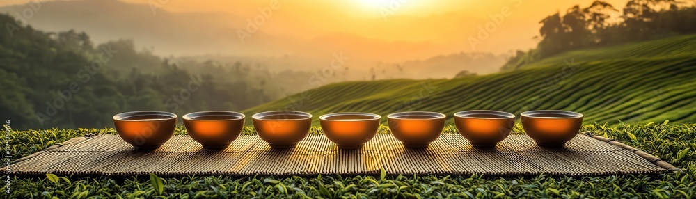 Five teacups on a mat overlooking lush tea fields at sunrise, warm and peaceful ambiance Five teacups on a mat overlooking lush tea fields at sunrise, warm and peaceful ambiance