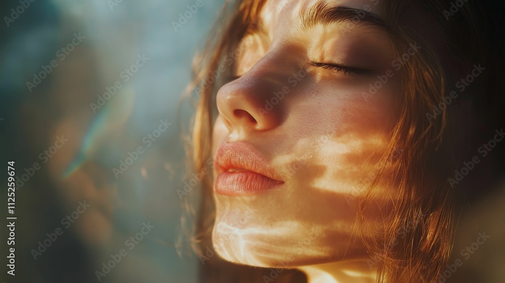 Sunlit face, eyes closed, peaceful expression, auburn hair. Sunlit face, eyes closed, peaceful expression, auburn hair.