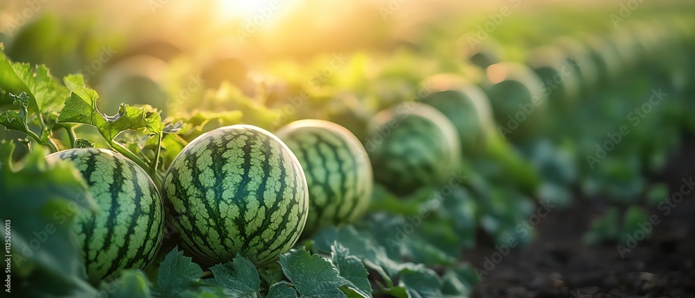 Fresh watermelon growing in a sunny field lush green plants vibrant and natural closeup Fresh watermelon growing in a sunny field lush green plants vibrant and natural closeup