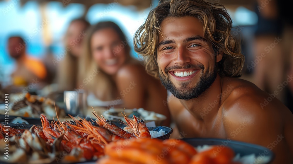 Friends enjoying a seafood feast on the beach, sunny day, vibrant and joyful atmosphere Friends enjoying a seafood feast on the beach, sunny day, vibrant and joyful atmosphere