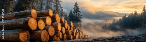 Log stacks in misty forest, morning light, mountain background, lumberyard scene photo