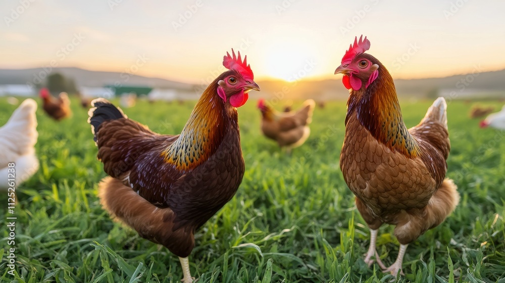 Fototapeta premium Two Brown Chickens Standing on Green Grass at Sunset with a Beautiful Background of a Rural Farm and Soft Golden Light Illuminating the Scene