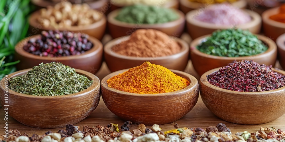Vividly colored spices arranged in bowls, showcasing diversity. Vividly colored spices arranged in bowls, showcasing diversity.