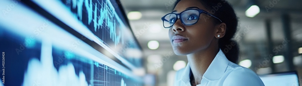 Young Professional Woman Analyzing Data on Digital Screen in Modern Office Environment with Financial Graphs and Charts Displayed in Background Young Professional Woman Analyzing Data on Digital Screen in Modern Office Environment with Financial Graphs and Charts Displayed in Background