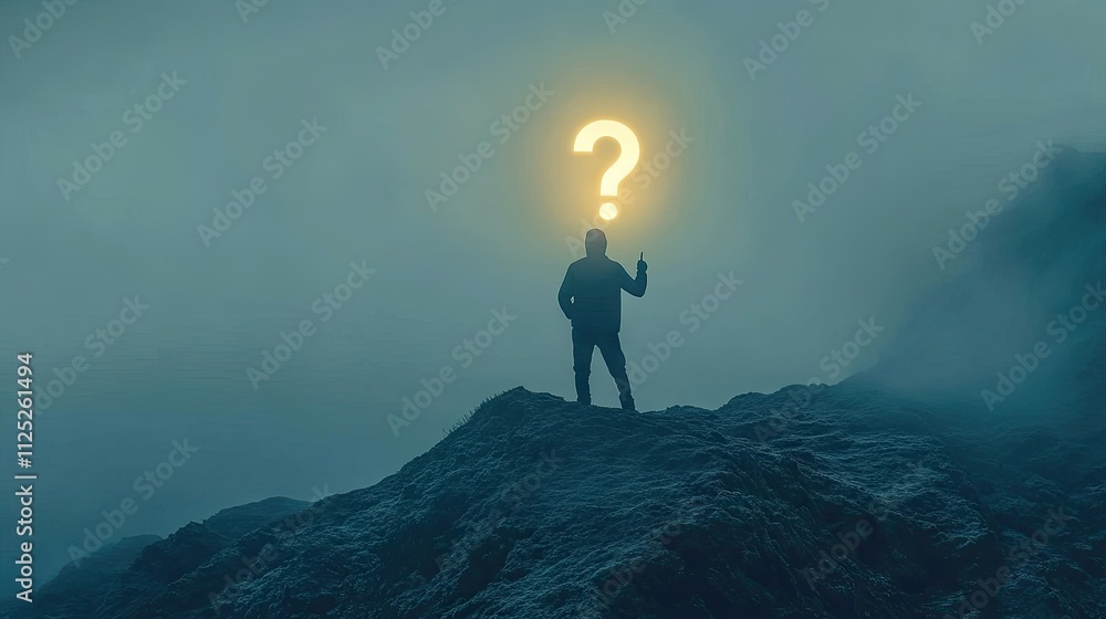 A human silhouette holding a glowing question mark, standing on a misty mountain peak A human silhouette holding a glowing question mark, standing on a misty mountain peak