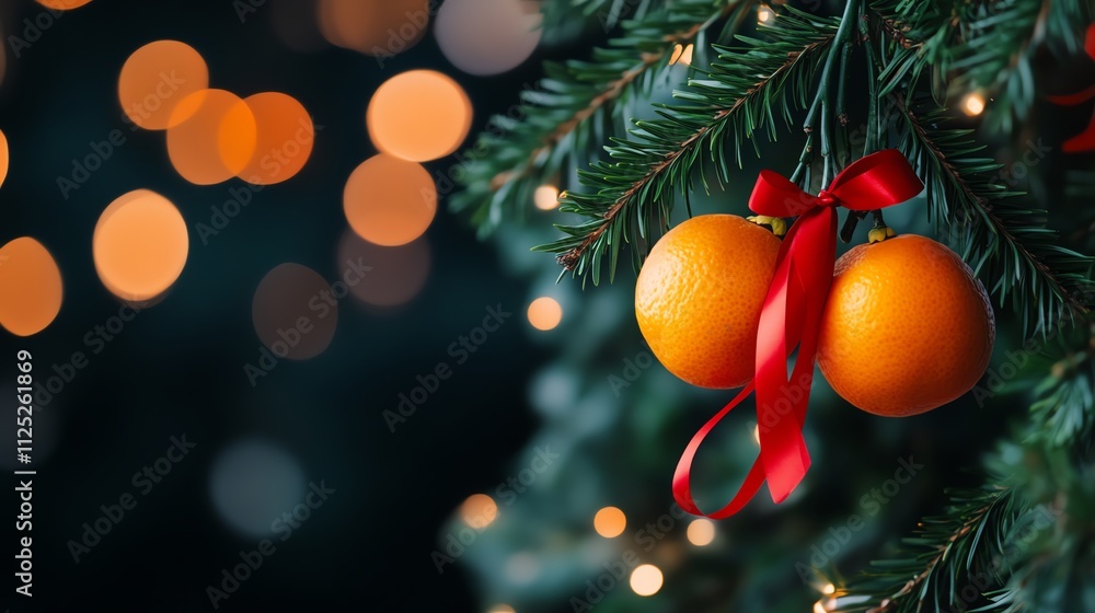 Oranges decorated with a red ribbon on a Christmas tree, surrounded by soft glowing lights in the background. Oranges decorated with a red ribbon on a Christmas tree, surrounded by soft glowing lights in the background.